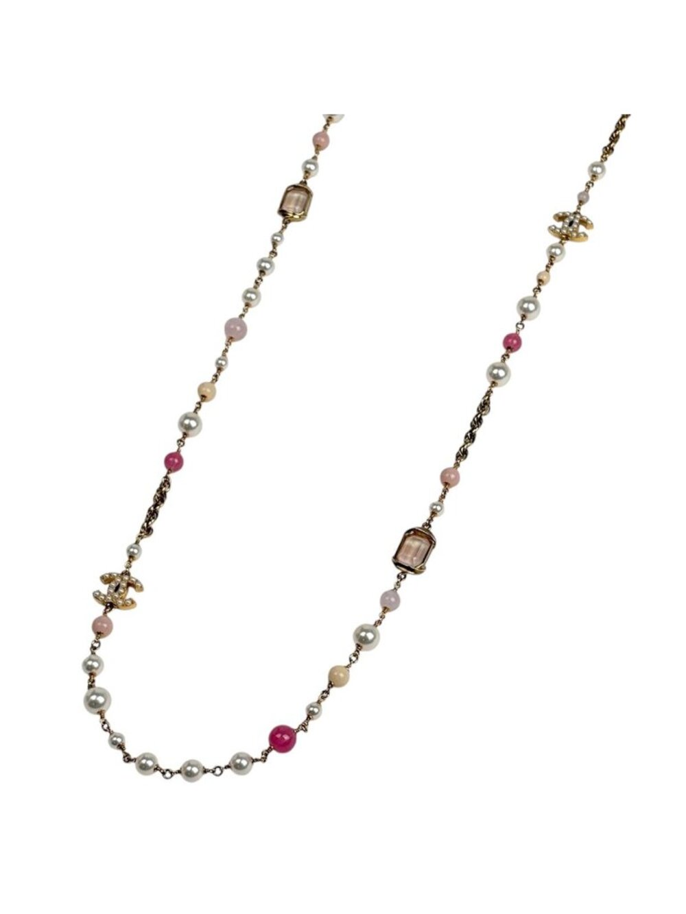 Chanel Necklace CC Logo Long Faux Pearl Gold Pink